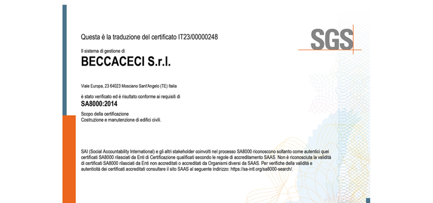 Beccaceci srl ottiene la certificazione SA 8000