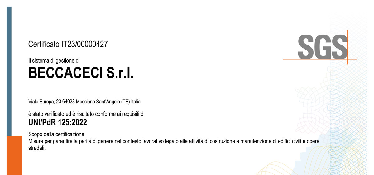 Parità di genere: Beccaceci conforme alla UNI/PdR 125:2022
